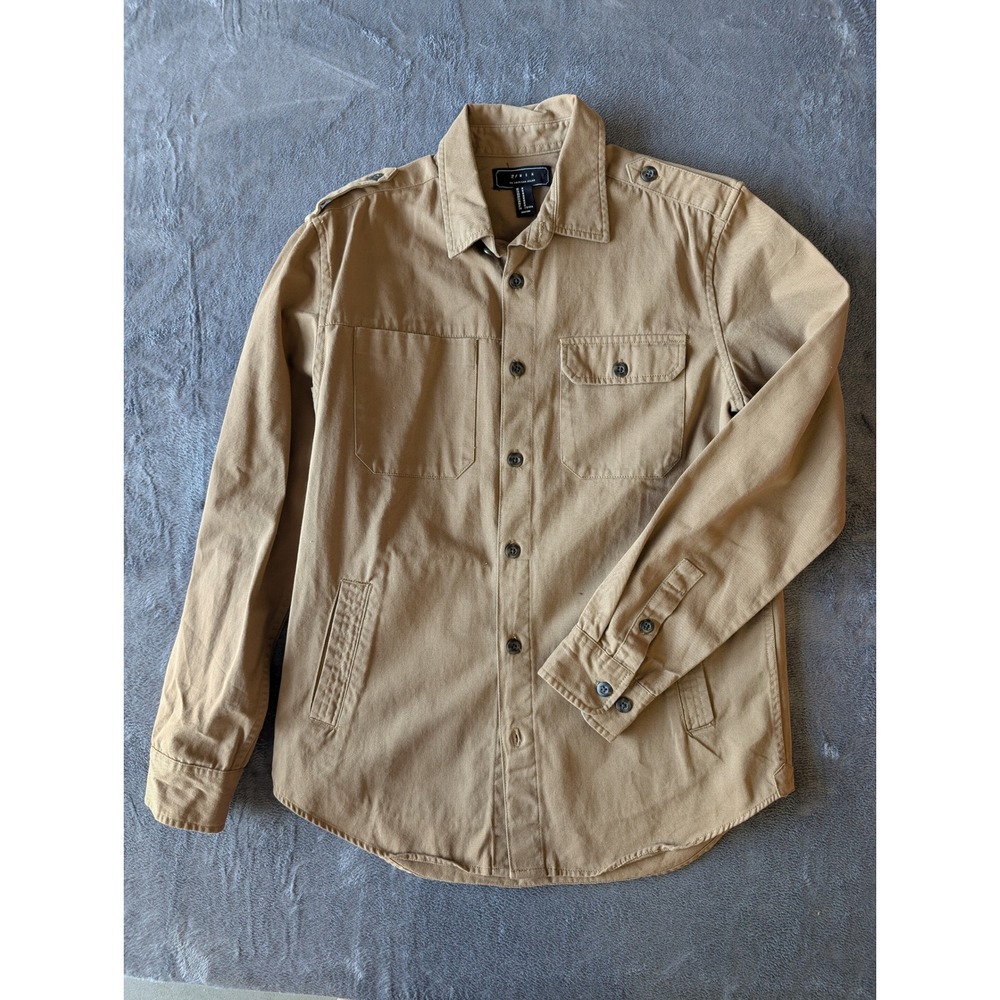21 Men Khaki Cotton Twill Military Utility Shirt Jacket Tan Epaulettes Medium